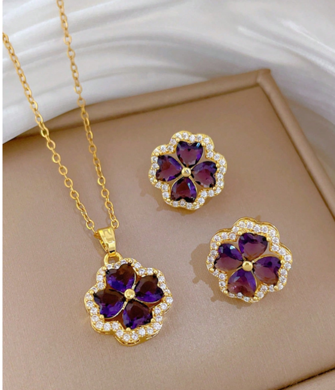 🍀 Conjunto de Colar e Brincos com Pingente de Flor de Trevo Roxo 💜