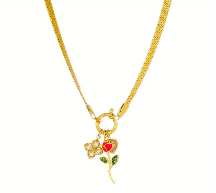 ✨  Colar de Corrente Snake Dourada com Pingente de Coração de Rosa Vermelha 🌹– Aço Inoxidável 304