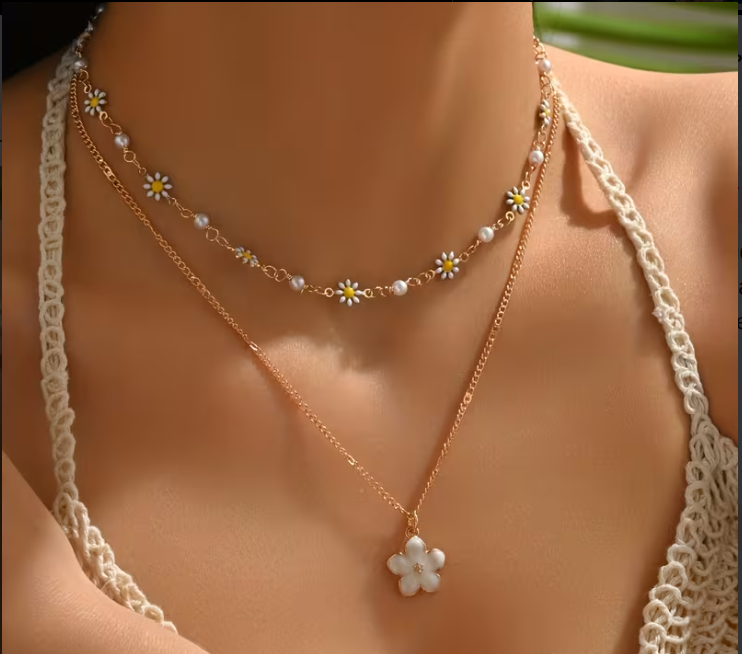 Colar Boho Camadas com Margarida e Pingente Floral 🌼💛